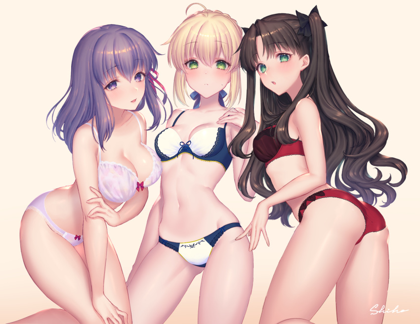 3girls :d ahoge artoria_pendragon_(all) ass bangs bare_arms bare_shoulders black_bow black_hair blue_bra blue_panties blue_ribbon blush bow bow_bra bow_lingerie bow_panties bra breasts cleavage collarbone eyebrows_visible_through_hair fate/grand_order fate_(series) green_eyes hair_bow hair_ornament hair_ribbon hand_on_own_arm large_breasts leaning_forward long_hair looking_at_viewer matou_sakura multiple_girls navel open_mouth panties pink_background pink_bow pink_ribbon purple_hair red_bra red_panties ribbon saber sakura_shiho short_hair sidelocks signature small_breasts smile stomach tohsaka_rin two_side_up underwear underwear_only violet_eyes wavy_hair white_bra white_panties