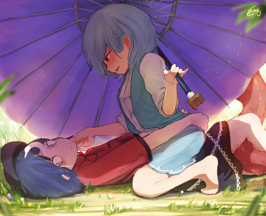 2girls absurdres bare_legs barefoot blue_hair blue_vest blush chinese_clothes closed_mouth commentary_request day from_side girl_on_top grass half-closed_eyes hand_on_another's_chin hand_up hands_on_ass hat highres holding holding_umbrella jiangshi karakasa_obake kneeling licking looking_down looking_to_the_side lying medium_hair miyako_yoshika multiple_girls ofuda on_back on_ground outdoors outstretched_arms parted_lips pinky_out red_eyes saliva seductive_smile senzaicha_kasukadoki shade shirt sidelocks signature skirt smile tatara_kogasa toes tongue touhou umbrella vest violet_eyes wet white_shirt yuri