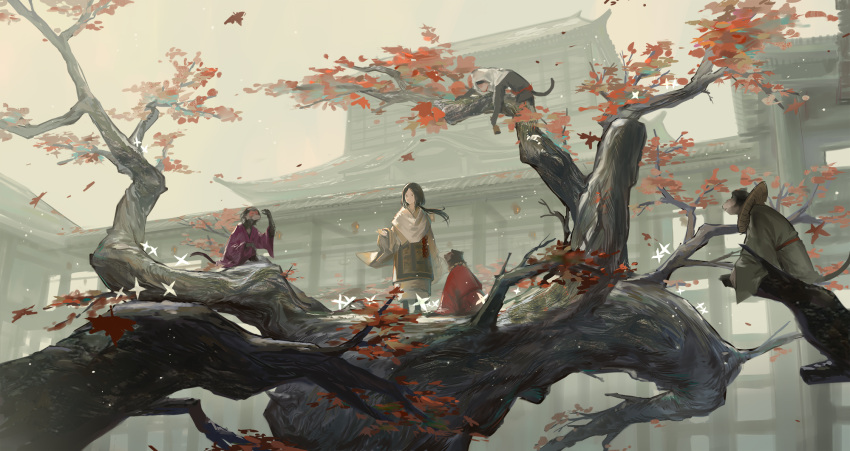 1girl animal autumn_leaves bangs black_hair black_kimono brown_kimono brown_sky building character_request closed_mouth clothed_animal commentary_request grey_kimono highres huanxiang_heitu in_tree japanese_clothes kimono long_hair long_sleeves low_ponytail monkey outdoors parted_bangs ponytail purple_kimono red_kimono sekiro:_shadows_die_twice sky smile solo standing tree wide_sleeves