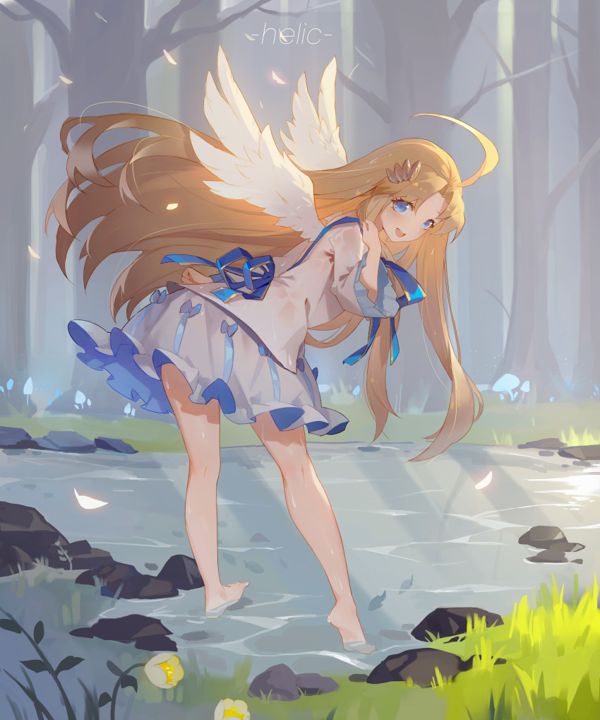 1girl absurdres blonde_hair blue_eyes cubies_(tiger_205) feathered_wings firo_(tate_no_yuusha_no_nariagari) highres long_hair looking_at_viewer open_mouth outdoors smile solo tate_no_yuusha_no_nariagari very_long_hair wading water white_wings wings