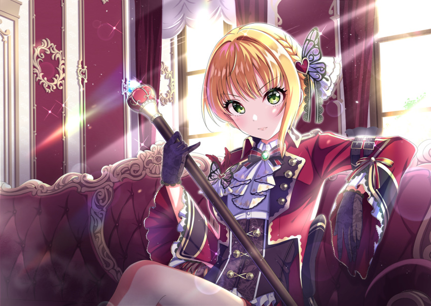 1girl bangs black_gloves blonde_hair braid butterfly_hair_ornament closed_mouth collared_shirt commentary couch cropped_jacket curtains day dress_shirt english_commentary eyebrows_visible_through_hair gloves hair_ornament heart heart_hair_ornament holding holding_staff idolmaster idolmaster_cinderella_girls idolmaster_cinderella_girls_starlight_stage indoors jacket lace lace_gloves long_sleeves looking_at_viewer miyamoto_frederica on_couch open_clothes open_jacket red_jacket shirt short_hair sitting solo staff sunlight sutoroa v-shaped_eyebrows white_shirt wide_sleeves window