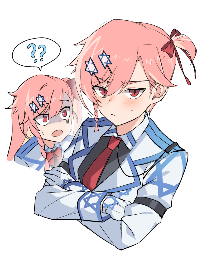 1boy 1girl april_fools bow bowtie commentary_request confused dual_persona embarrassed genderswap genderswap_(ftm) girls_frontline gloves hair_ornament hexagram highres jingo necktie negev_(girls_frontline) pink_hair red_eyes star_of_david