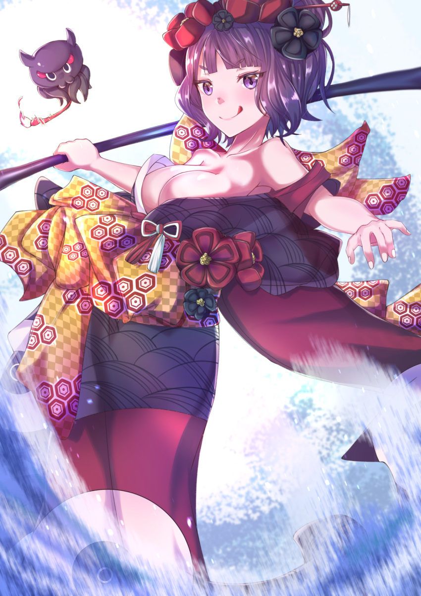 1girl :q bangs blunt_bangs breasts cleavage collarbone eyes fate/grand_order fate_(series) hair_ornament hairpin highres holding japanese_clothes katsushika_hokusai_(fate/grand_order) kimono leaning_forward medium_breasts nail_polish obi pixiv_fate/grand_order_contest_2 purple_hair sash shiny shiny_skin short_hair solo standing tapioka_(oekakitapioka) tokitarou_(fate/grand_order) tongue tongue_out violet_eyes white_nails