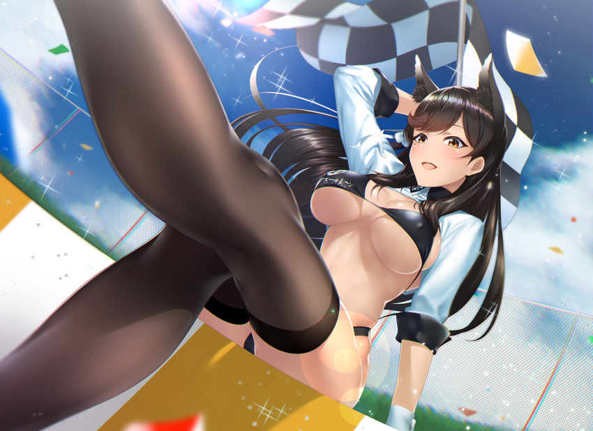 1girl :d alternate_costume animal_ears atago_(azur_lane) azur_lane bangs bikini black_bikini black_hair black_legwear blue_sky blush breasts brown_eyes brown_legwear chain-link_fence checkered checkered_flag clouds confetti day dutch_angle extra_ears eyebrows_visible_through_hair fence flag hair_ribbon highleg highleg_bikini kagiyama_(gen'ei_no_hasha) large_breasts leg_up lens_flare long_hair looking_at_viewer mole mole_under_eye open_mouth outdoors racequeen ribbon shrug_(clothing) sideboob sitting skindentation sky sleeve_cuffs smile solo sparkle swept_bangs swimsuit thigh-highs under_boob white_ribbon wrist_cuffs