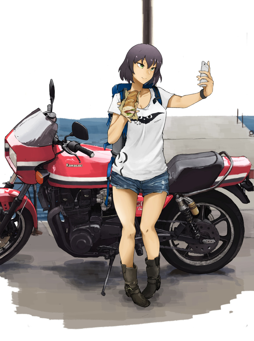 1girl absurdres backpack bag bangs black_footwear blue_shorts boots breasts brown_hair casual cellphone cleavage closed_mouth commentary dark_skin denim denim_shorts food girls_und_panzer green_eyes ground_vehicle head_tilt highres holding holding_cellphone holding_food holding_phone hoshino_(girls_und_panzer) kawasaki kawasaki_gpz1100 medium_breasts motor_vehicle motorcycle nokogiriotoko phone print_shirt sandwich shirt short_hair short_shorts short_sleeves shorts smartphone smile solo standing t-shirt white_shirt wristband