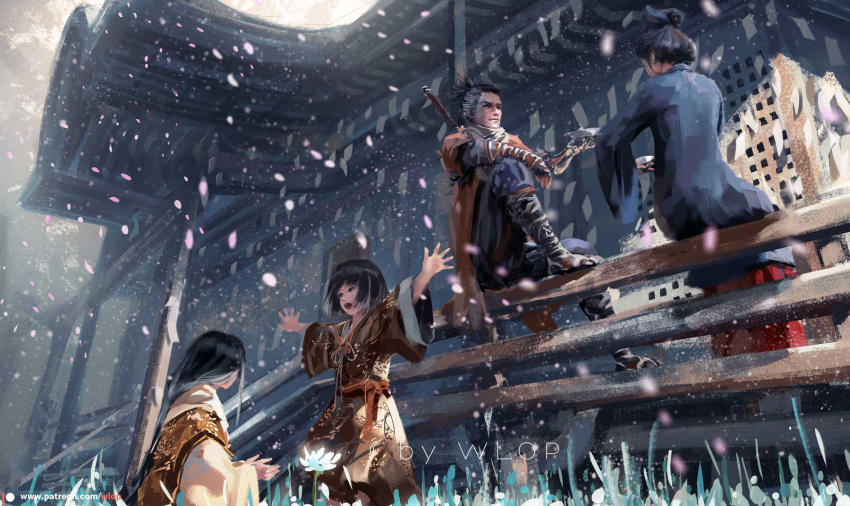 2boys 2girls black_hair cherry_blossoms choko_(cup) cup divine_child_of_rejuvenation emma_the_gentle_blade flower good_end grass highres japanese_clothes kimono kuro_the_divine_heir looking_at_another multicolored_hair multiple_boys multiple_girls outstretched_arms petals scarf sekiro sekiro:_shadows_die_twice short_hair sitting smile sword two-tone_hair weapon weapon_on_back wlop wrist_wrap