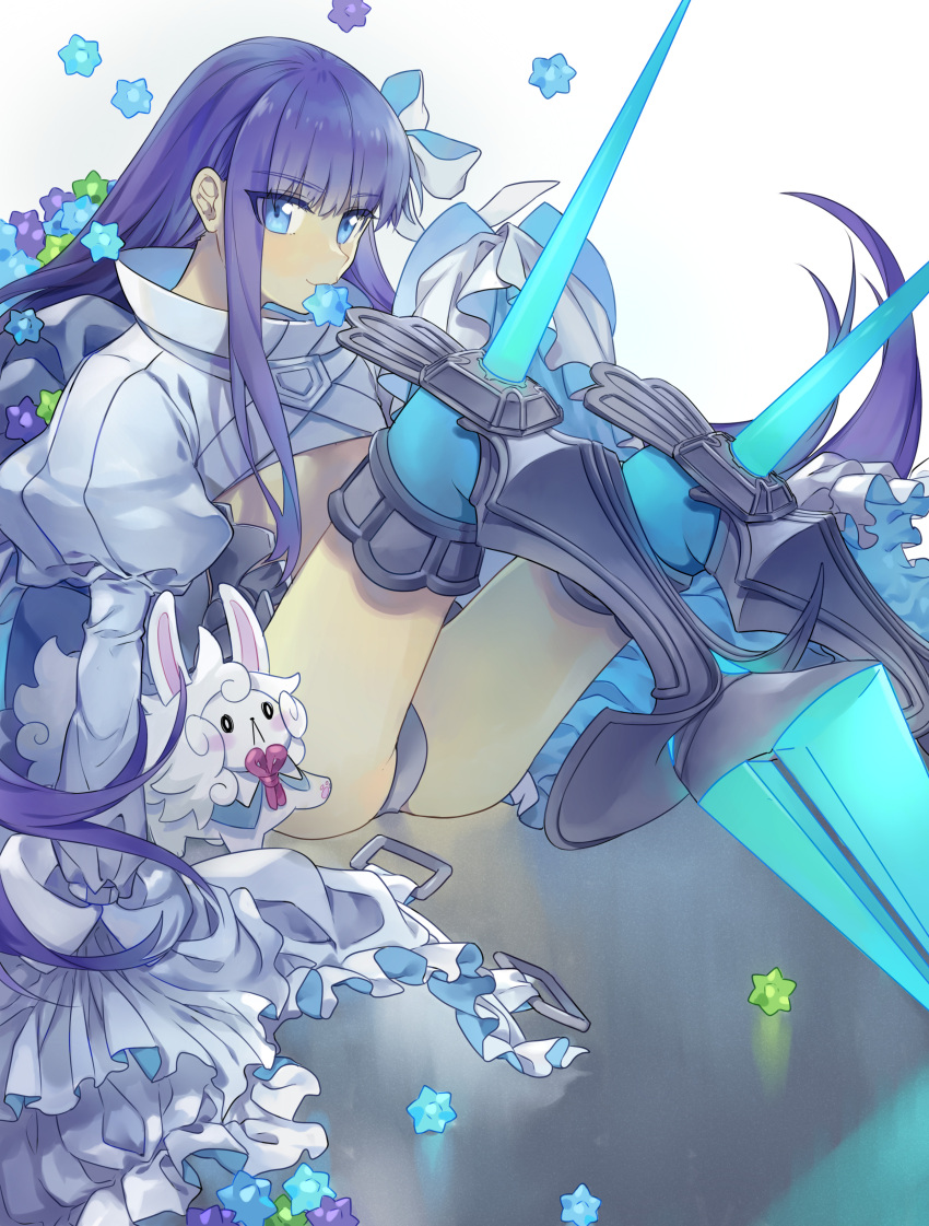 1girl absurdres armor armored_boots ass bangs blue_eyes boots breasts commentary_request crotch_plate eyebrows_visible_through_hair fate/grand_order fate_(series) fou_(fate/grand_order) hair_ribbon highres in_mouth long_hair long_sleeves looking_at_viewer meltlilith o0baijin0o puffy_sleeves purple_hair revealing_clothes ribbon simple_background sitting sleeves_past_fingers sleeves_past_wrists small_breasts smile solo thigh-highs very_long_hair