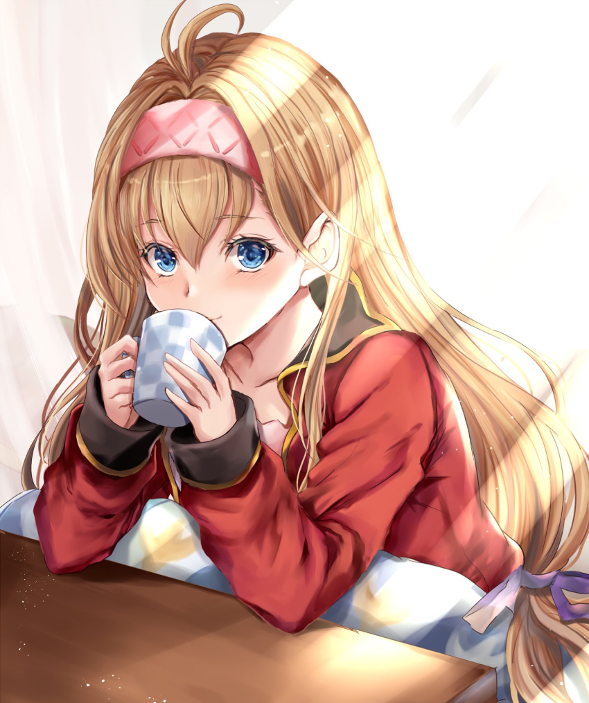 1girl blonde_hair blue_eyes coffee coffee_mug cup flower granblue_fantasy hair_flower hair_ornament hairband highres hinahino jacket jeanne_d'arc_(granblue_fantasy) kotatsu lily_(flower) long_hair looking_at_viewer mug simple_background smile solo table