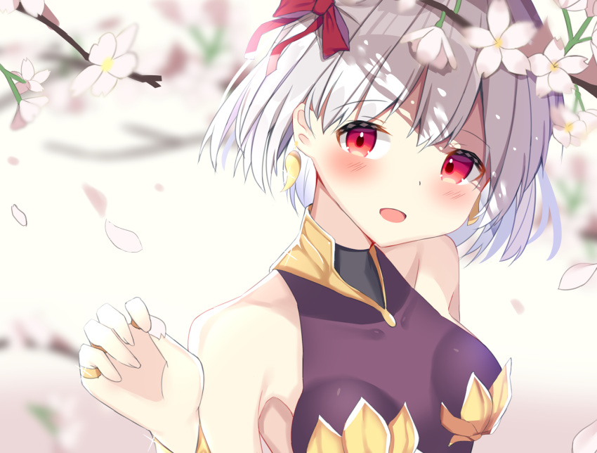 1girl :d bad_hands bangs bare_shoulders blurry blurry_background blush bow breasts covered_collarbone depth_of_field dress earrings eyebrows_visible_through_hair fate/grand_order fate_(series) fingernails flower glint hair_between_eyes hair_bow hand_up head_tilt holding_petal jewelry kama_(fate/grand_order) magatama magatama_earrings mizuki_ryuu open_mouth petals purple_dress red_bow red_eyes ring silver_hair sleeveless sleeveless_dress small_breasts smile solo tree_branch upper_body white_flower