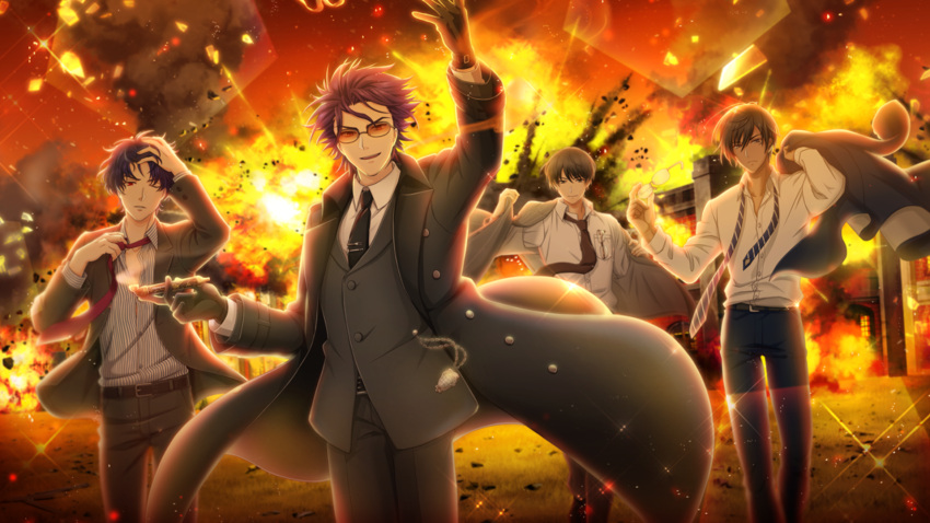 &gt;:) 4boys ali_pasha_(senjuushi) alternate_costume alternate_hairstyle arm_up bangs black_gloves black_hair black_neckwear brown_neckwear coat collared_shirt dark_skin dark_skinned_male dress_shirt explosion eyewear_removed fire formal game_cg glasses gloves grey_eyes hand_in_hair highres holding ieyasu_(senjuushi) kiseru kiseru_(senjuushi) long_sleeves loose_necktie male_focus multiple_boys necktie non-web_source official_art one_eye_closed outdoors partially_unbuttoned partially_undressed pipe purple_hair rapp_(senjuushi) red_eyes red_neckwear removing_eyewear removing_jacket ribbon_bangs senjuushi:_the_thousand_noble_musketeers shirt short_hair smirk spiky_hair standing striped striped_neckwear striped_shirt sunglasses undone_necktie undressing walking white_shirt wind wind_lift