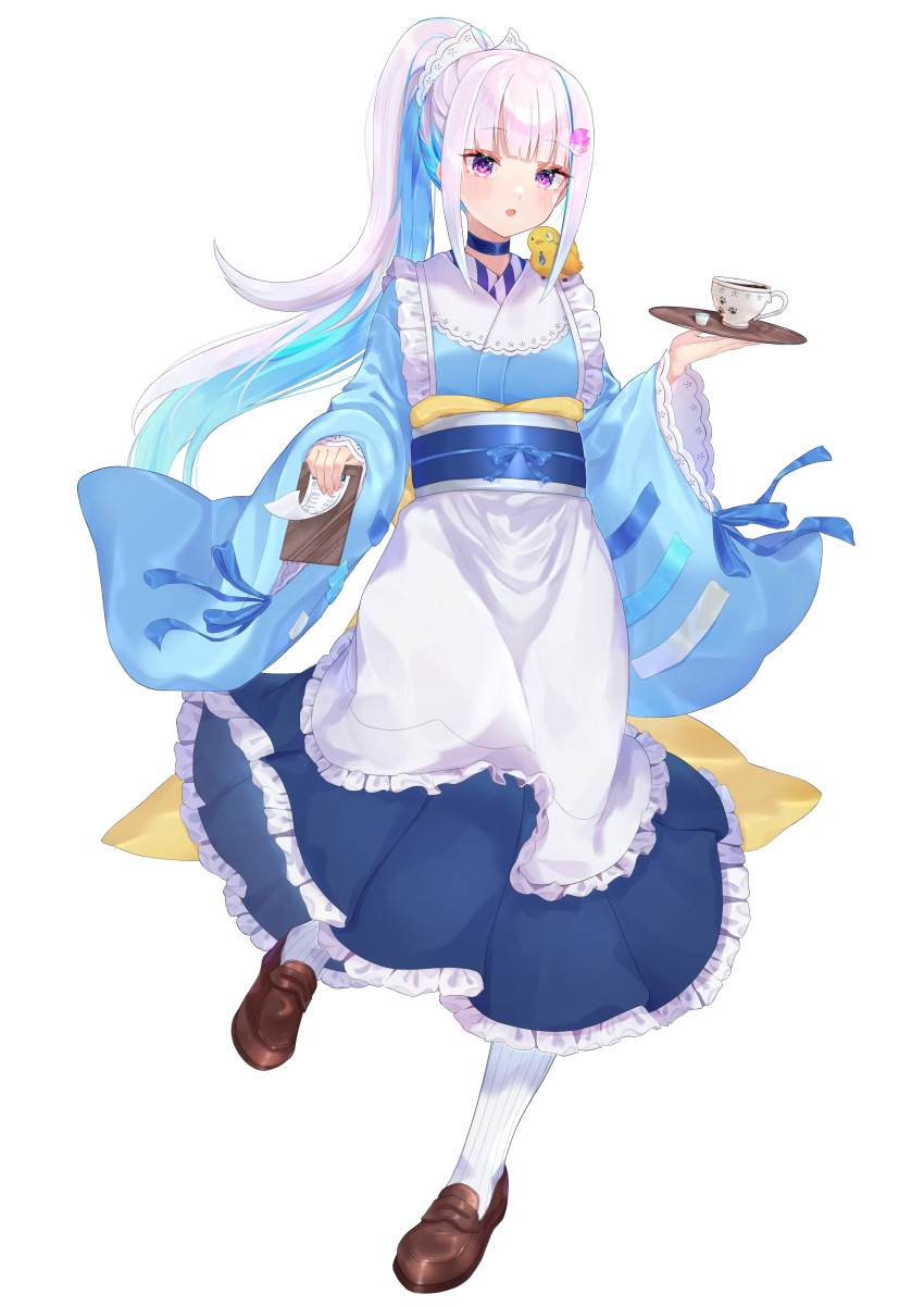 1girl :o absurdres animal_on_shoulder apron bangs blue_hair blue_kimono blue_skirt blunt_bangs blush brown_footwear colored_inner_hair commentary_request cup eyebrows_visible_through_hair frilled_apron frilled_skirt frills full_body hair_ornament highres holding holding_tray japanese_clothes kimono lize_helesta loafers long_hair long_sleeves looking_at_viewer multicolored_hair nenehotoso nijisanji notepad obi pantyhose ponytail sash sebastian_piyodore shoes sidelocks silver_hair simple_background skirt solo standing standing_on_one_leg tray very_long_hair violet_eyes virtual_youtuber wa_maid white_apron white_background white_legwear wide_sleeves