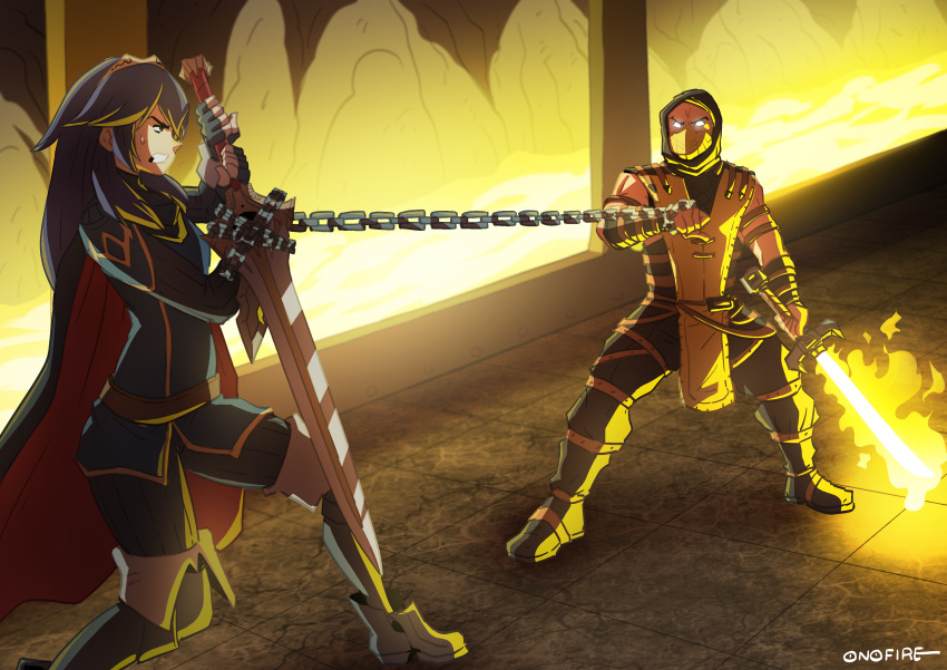 1boy 1girl absurdres armor black_gloves blue_eyes blue_hair cape chains crossover falchion_(fire_emblem) fingerless_gloves fire fire_emblem fire_emblem:_kakusei gloves hair_between_eyes highres holding holding_weapon long_hair lucina mask mortal_kombat mortal_kombat_x muscle ninja nintendo no_pupils oni onichan-xd open_mouth scorpion_(mortal_kombat) super_smash_bros. sword tiara weapon