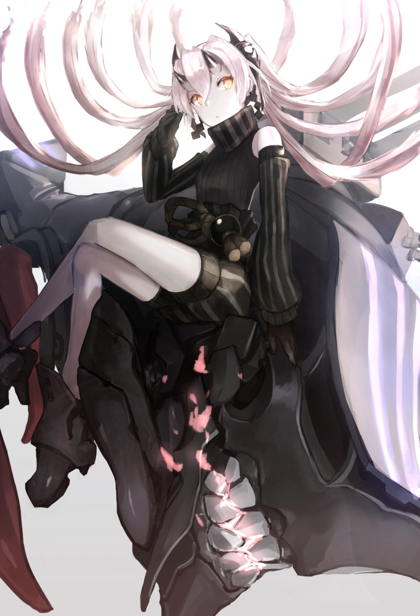 1girl abyssal_crane_hime black_gloves detached_sleeves earrings full_body gloves glowing glowing_eyes hair_between_eyes highres horns japanese_clothes jewelry kantai_collection long_hair machinery red_eyes shinkaisei-kan sitting solo twintails weasel_(close-to-the-edge) white_hair white_skin