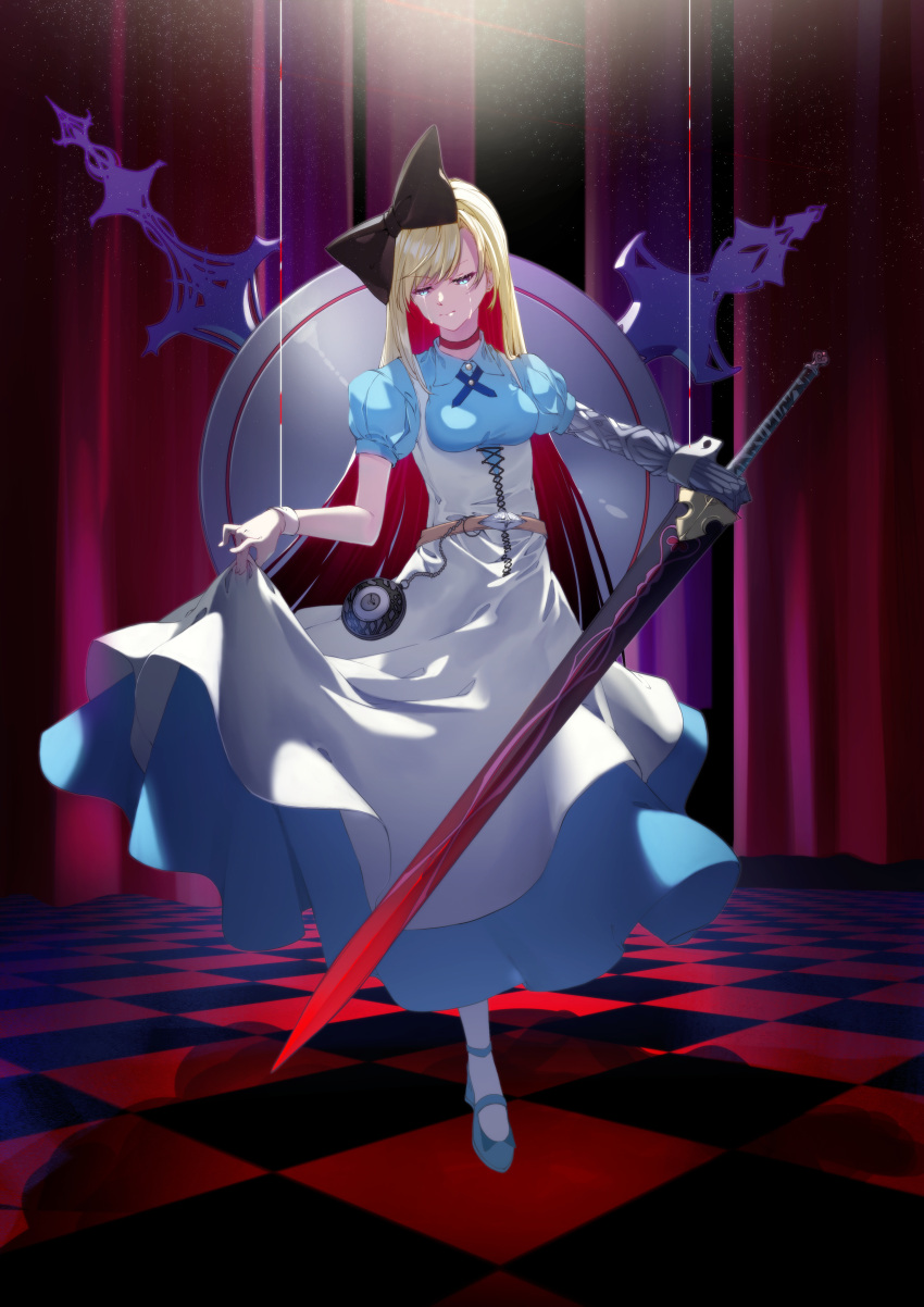 1girl absurdres alice_(wonderland) alice_in_wonderland apron apron_hold bangs black_bow blonde_hair blue_dress blue_eyes blue_footwear bow breasts checkered checkered_floor choker closed_mouth collared_dress commentary_request crying crying_with_eyes_open dress eyebrows_visible_through_hair gauntlets hair_bow half-closed_eyes head_tilt highres holding holding_sword holding_weapon long_hair medium_breasts multicolored_hair pantyhose puffy_short_sleeves puffy_sleeves red_choker redhead shadow shoes short_sleeves single_gauntlet solo standing standing_on_one_leg sword tears two-tone_hair v-shaped_eyebrows very_long_hair weapon white_apron white_legwear wrist_cuffs yople_star_man