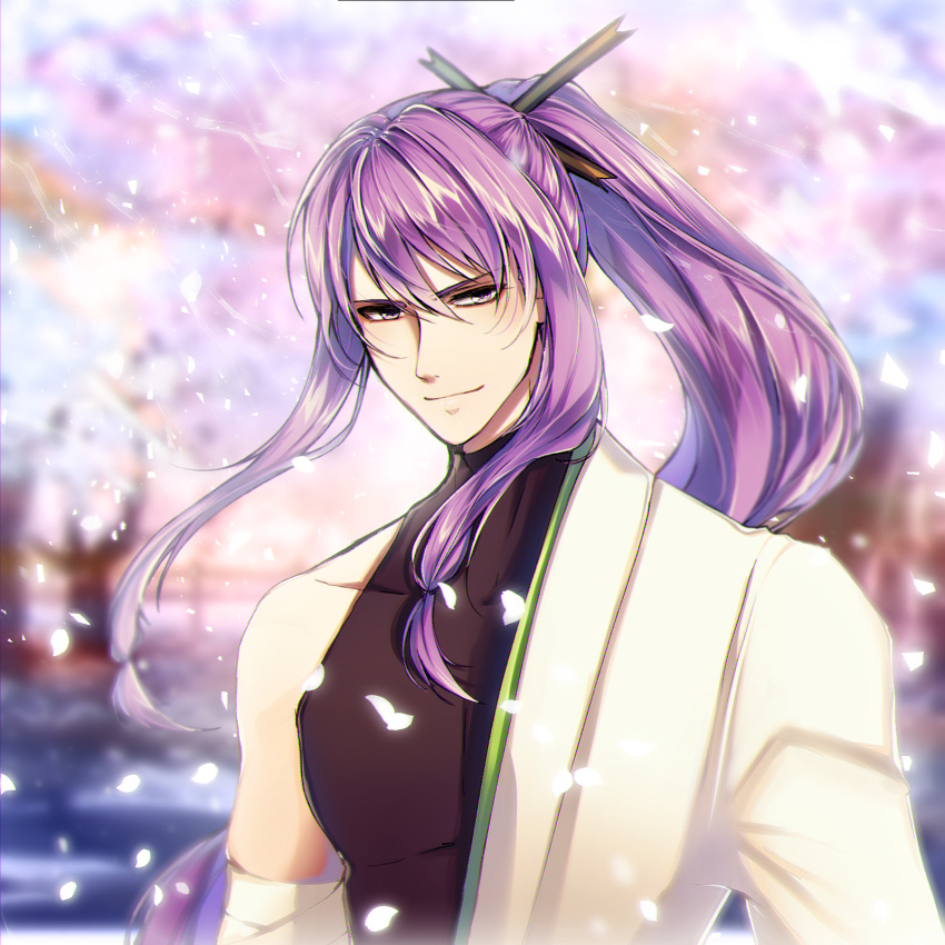 1boy bandage bandaged_arm bandages black_shirt blurry blurry_background cherry_blossoms collarbone commentary hair_ornament hair_stick highres kamui_gakupo long_hair looking_at_viewer male_focus outdoors petals ponytail purple_hair robe shirt sidelocks sleeveless sleeveless_turtleneck smile solo turtleneck upper_body violet_eyes vocaloid white_robe yen-mi