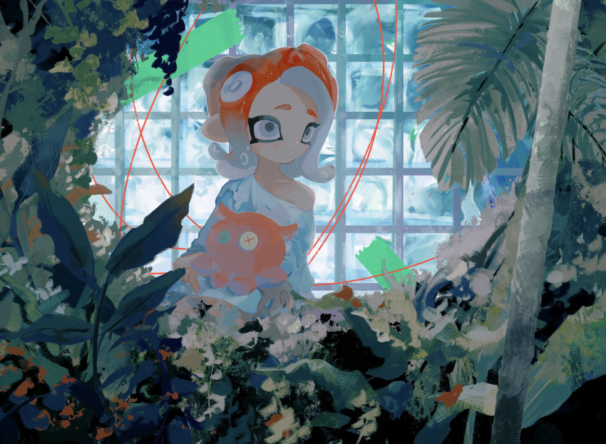 1girl absurdres button_eyes buttons closed_mouth colored_tips grey_eyes grey_hair highres leaf medium_hair multicolored_hair octoling octoling_girl octoling_player_character orange_hair plant solo splatoon_(series) tentacle_hair tree two-tone_hair zicbx