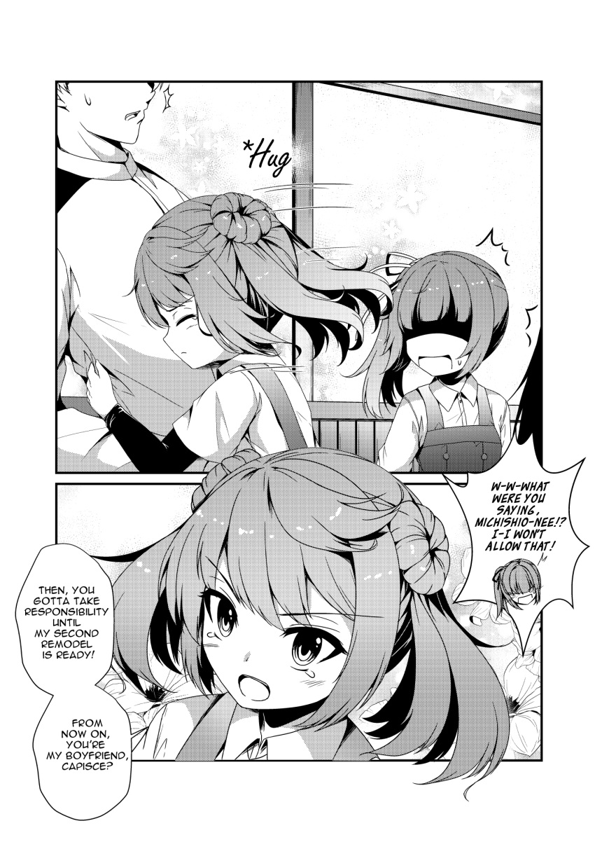 /\/\/\ 1boy 2girls 2koma admiral_(kantai_collection) arm_warmers bangs clip_studio_paint closed_eyes collared_shirt comic commentary double_bun dress dress_shirt english_commentary english_text eyebrows_visible_through_hair floral_background greyscale hair_ribbon highres hug indoors kantai_collection kasumi_(kantai_collection) long_hair long_sleeves looking_at_another medium_hair michishio_(kantai_collection) monochrome motion_lines multiple_girls open_mouth pinafore_dress ribbon shaded_face sheita shiny shiny_hair shirt short_sleeves short_twintails side_ponytail sidelocks speech_bubble standing suspenders sweatdrop tears twintails upper_body v-shaped_eyebrows wing_collar