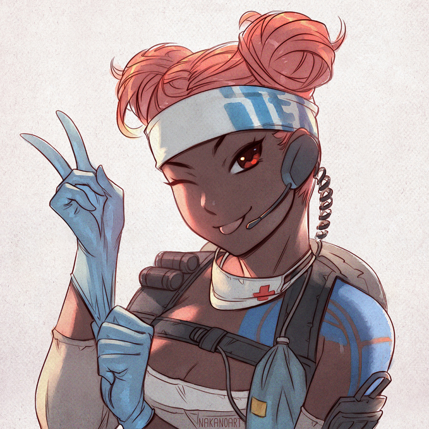 1girl ;p apex_legends backlighting backpack bag blue_gloves breasts cleavage coiled_cord commentary dark_skin double_bun elbow_pads english_commentary glove_pull gloves headband headset lifeline_(apex_legends) looking_at_viewer mask_around_neck medic medium_breasts nana_nakano one_eye_closed pink_hair red_eyes short_hair shoulder_tattoo solo surgical_mask tattoo tongue tongue_out upper_body v very_dark_skin