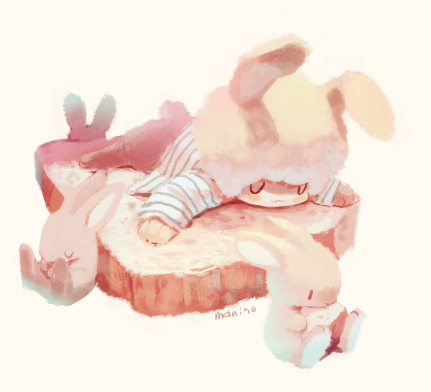 1boy afro animal animal_ears blonde_hair blush_stickers bottomless bread bunny_tail closed_eyes closed_mouth commentary_request fluffy food furry highres long_sleeves lying male_focus manino_(mofuritaionaka) on_stomach original oversized_food rabbit rabbit_ears shirt signature simple_background sleeping smile striped striped_shirt tail toast u_u