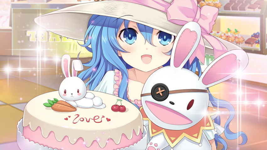 1girl aqua_eyes aqua_hair blue_eyes cake carrot cherry curly_hair date_a_live diffraction_spikes eyebrows_visible_through_hat eyepatch food food_writing frills fruit hat long_hair looking_at_viewer open_mouth puppet rabbit smile tsunako upper_body yoshino_(date_a_live) yoshinon
