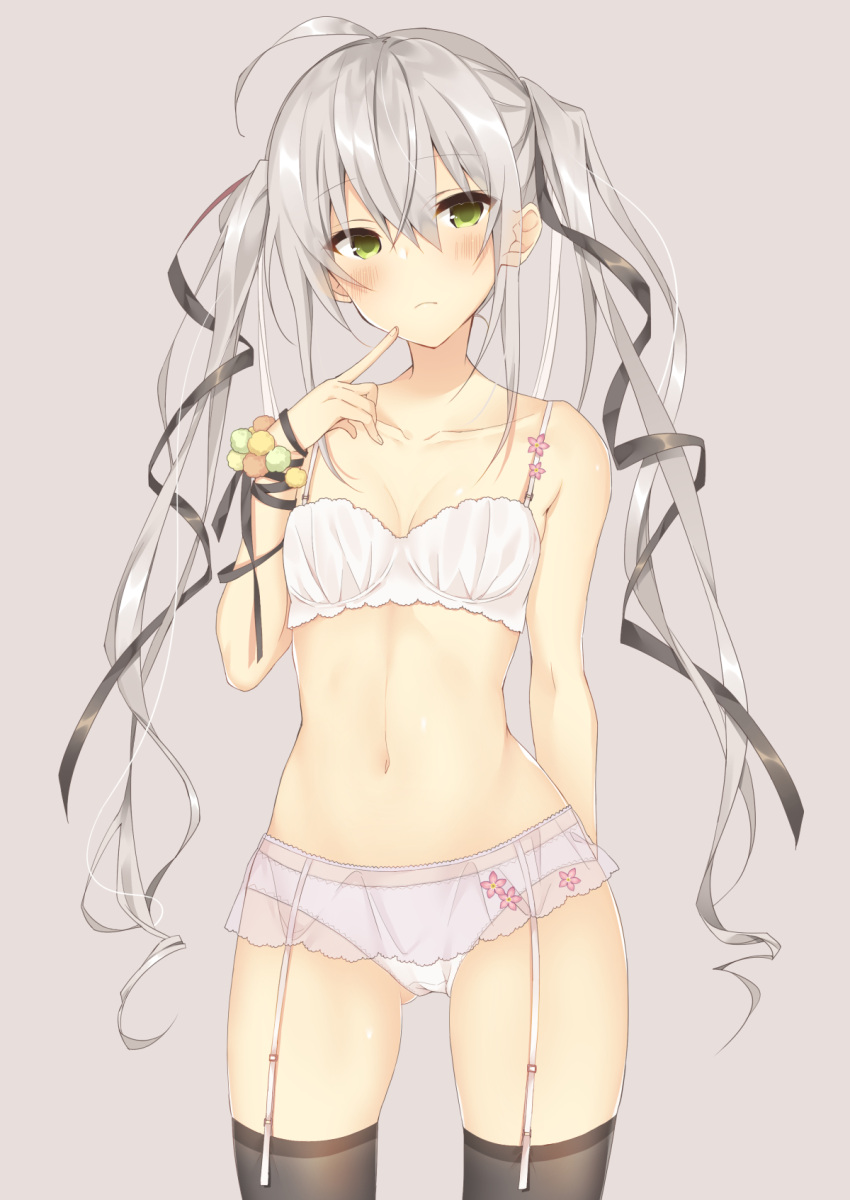 1girl ahoge arm_at_side bangs bare_shoulders black_legwear blush bra breasts cleavage closed_mouth collarbone cowboy_shot ears_visible_through_hair eyebrows_visible_through_hair garter_belt gluteal_fold green_eyes grey_background hair_between_eyes head_tilt highres long_hair looking_at_viewer navel original panties see-through sidelocks silver_hair simple_background small_breasts solo stomach thigh-highs twintails underwear underwear_only uzuki_asa white_bra white_panties wristband