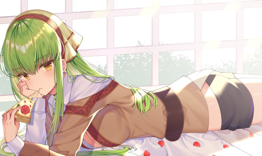 1girl :t bangs bed bed_sheet belt black_shorts blush breasts brown_shirt c.c. cheese cleavage closed_mouth code_geass collared_shirt eating eyebrows_visible_through_hair food green_hair hand_on_own_cheek head_scarf headdress highres holding holding_food indoors izumo_neru large_breasts long_hair long_sleeves looking_at_viewer lying medium_breasts off_shoulder on_bed on_stomach petals pizza revision school_uniform shirt short_shorts shorts sidelocks solo sunlight thighs white_shirt window wing_collar yellow_eyes
