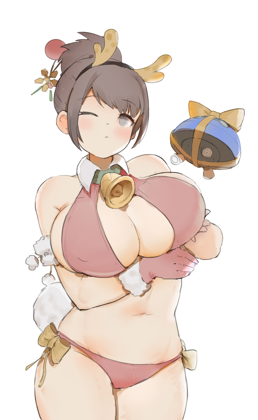 1girl bangs bare_shoulders bell bikini black_hair blush bow breasts cleavage collar collared_bikini cowboy_shot drone erect_nipples eyebrows_visible_through_hair fur_trim gaoerji gloves grey_eyes hair_bun hairband highres large_breasts mei_(overwatch) navel one_eye_closed orange_bow overwatch red_bikini red_gloves robot sideboob simple_background snowball_(overwatch) solo swept_bangs swimsuit white_background yellow_bow