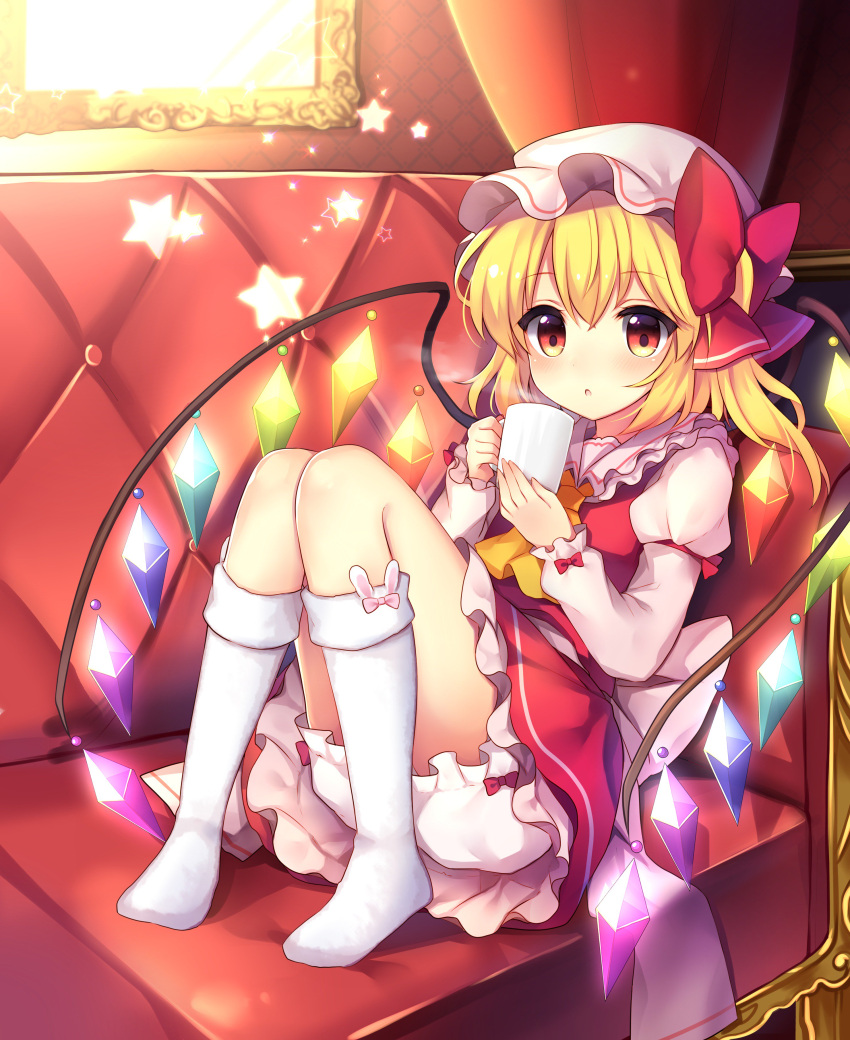 1girl absurdres ascot blonde_hair bloomers blush bow coffee_mug commentary_request couch crystal cup dress eyebrows_visible_through_hair flandre_scarlet frilled_dress frilled_shirt_collar frilled_sleeves frills full_body hair_bow hat highres holding holding_cup indoors juliet_sleeves kneehighs knees_up long_sleeves mob_cap mug no_shoes on_couch petticoat picture_frame pinafore_dress puffy_sleeves red_bow red_dress red_eyes red_skirt ruhika sash shiny shiny_hair short_hair skirt solo star steam tareme thighs touhou twitter_username underwear upskirt white_bow white_headwear white_legwear wings yellow_neckwear