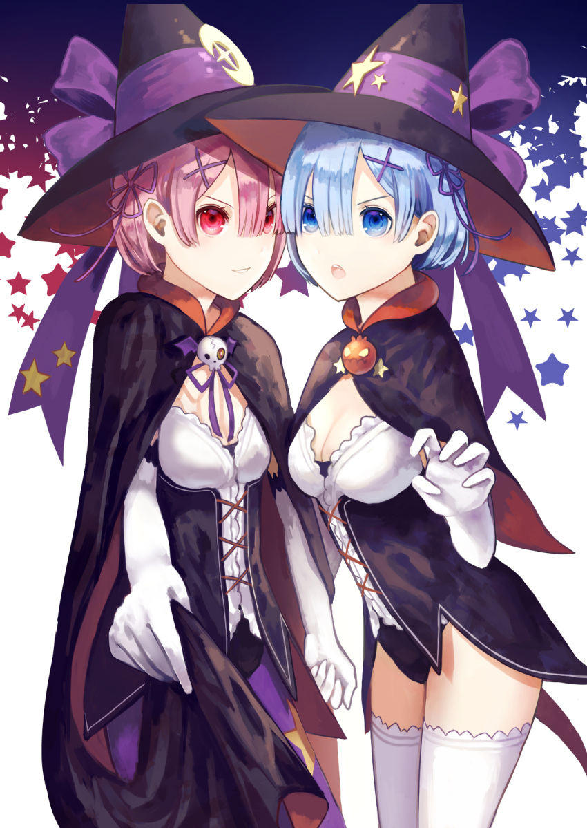 :o black_cape black_capelet blue_eyes blue_hair breasts cape cape_hold capelet claw_pose cleavage cowboy_shot crescent_moon elbow_gloves flower from_side gloves grin hair_flower hair_ornament hair_ribbon hat hat_ribbon highres leaning_forward medium_breasts moon nomuraumu pink_eyes pink_hair purple_ribbon ram_(re:zero) re:zero_kara_hajimeru_isekai_seikatsu red_eyes rem_(re:zero) ribbon short_hair small_breasts smile star starry_background thigh-highs upper_teeth white_gloves white_legwear witch witch_hat x_hair_ornament