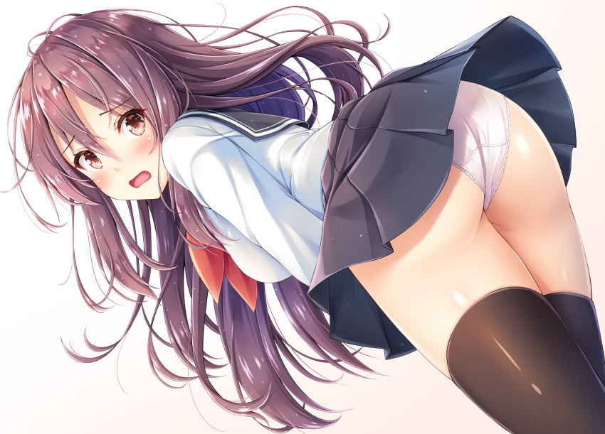 1girl akashio_(loli_ace) ass bangs black_legwear black_sailor_collar black_skirt blush breasts brown_background brown_eyes brown_hair brown_legwear commentary_request dutch_angle eyebrows_visible_through_hair from_behind gradient gradient_background hair_between_eyes leaning_forward long_hair long_sleeves looking_at_viewer looking_back looking_to_the_side medium_breasts open_mouth original panties pleated_skirt sailor_collar school_uniform serafuku shiny shiny_skin shirt simple_background skirt solo thigh-highs underwear very_long_hair white_background white_panties white_shirt wind wind_lift