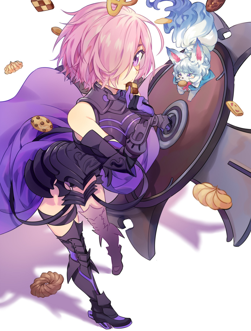 1girl absurdres animal armor armored_dress bare_shoulders black_dress black_legwear breasts commentary_request cookie dress fate/grand_order fate_(series) food fou_(fate/grand_order) fur gauntlets hair_over_one_eye highres holding holding_cookie holding_food large_breasts lavender_hair looking_at_viewer mash_kyrielight o0baijin0o purple_hair shield short_hair simple_background smile solo violet_eyes white_background