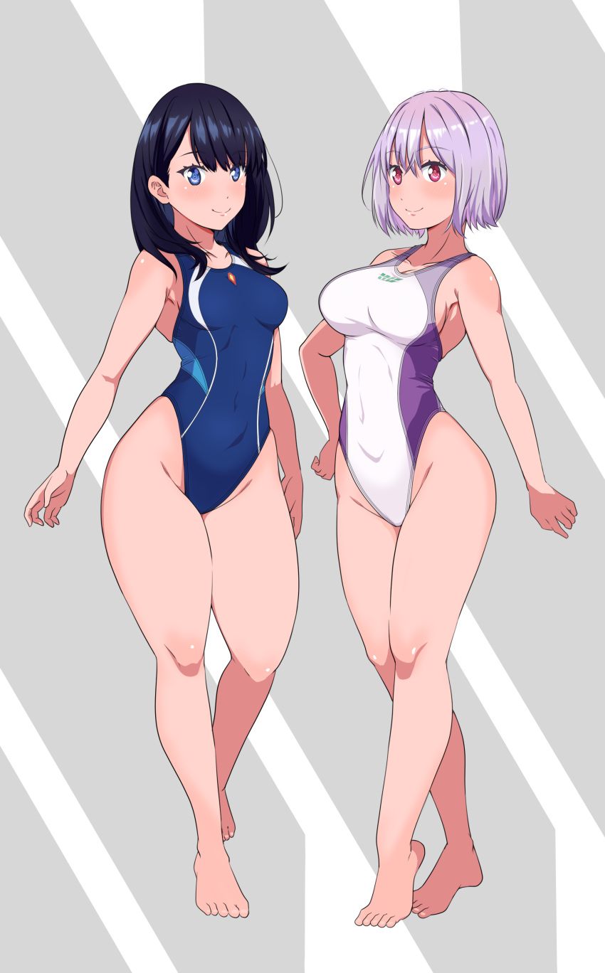 2girls absurdres aiuchi bangs bare_legs black_hair blue_eyes blue_swimsuit blush breasts closed_mouth commentary_request competition_swimsuit covered_navel eyebrows_visible_through_hair full_body highleg highres large_breasts lavender_hair long_hair medium_breasts multiple_girls one-piece_swimsuit red_eyes shinjou_akane shiny shiny_hair shiny_skin short_hair ssss.gridman standing straight_hair swimsuit takarada_rikka thighs white_swimsuit wide_hips