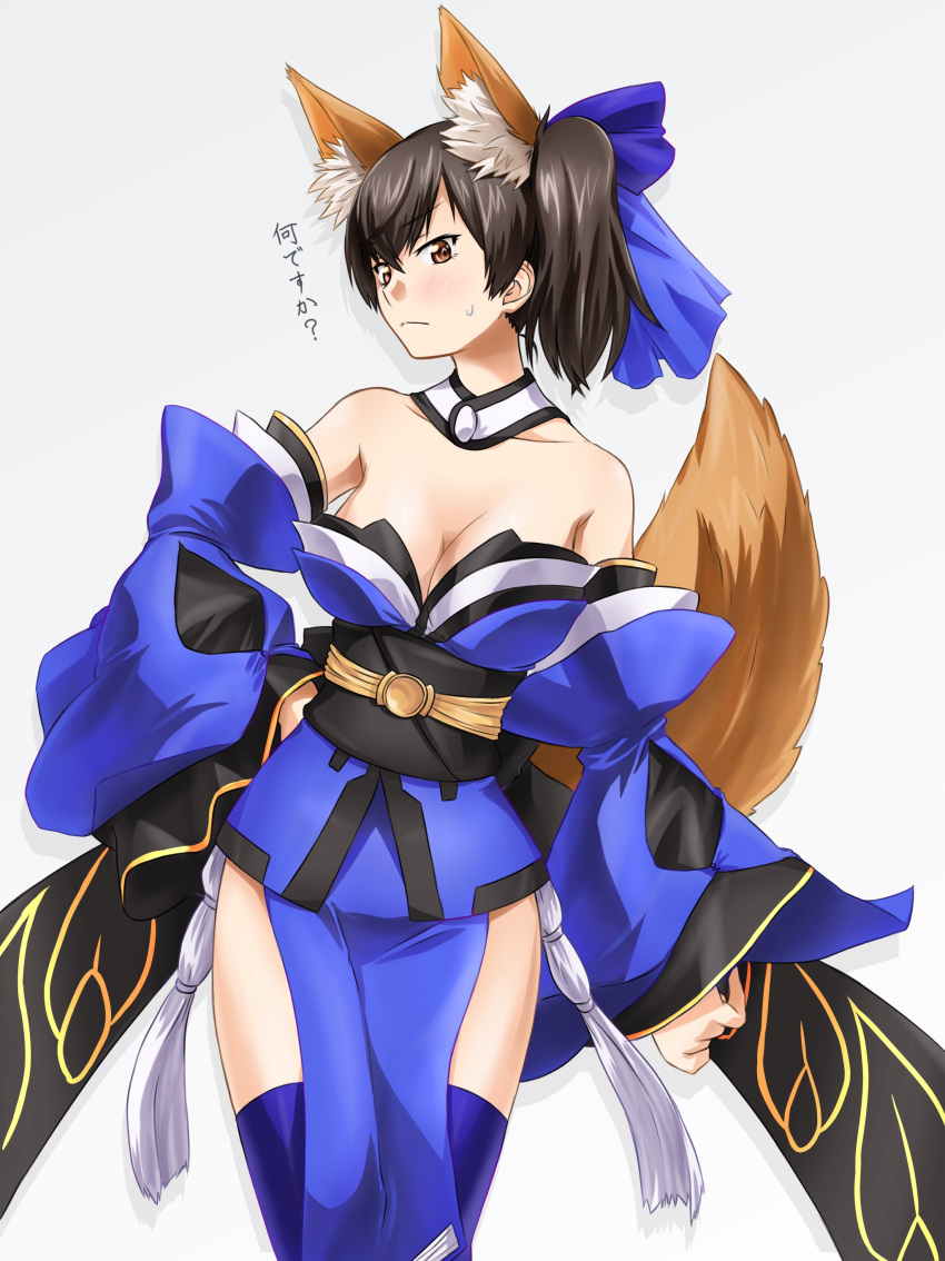 1girl absurdres akito_(sub707) animal_ears bare_shoulders black_hair blue_bow blue_detached_sleeves blue_kimono blue_legwear blush bow breasts brown_eyes closed_mouth collarbone cosplay cowboy_shot detached_collar detached_sleeves eyebrows_visible_through_hair fake_animal_ears fake_tail fate/extra fate_(series) female fox_ears fox_tail grey_background hair_between_eyes hair_bow highres japanese_clothes kaga_(kantai_collection) kantai_collection kimono large_breasts medium_breasts neck obi pelvic_curtain sash serious short_hair short_kimono shy side_ponytail simple_background solo standing strapless tail tamamo_(fate)_(all) tamamo_no_mae_(fate) tamamo_no_mae_(fate)_(cosplay) thigh-highs translated type-moon wide_sleeves