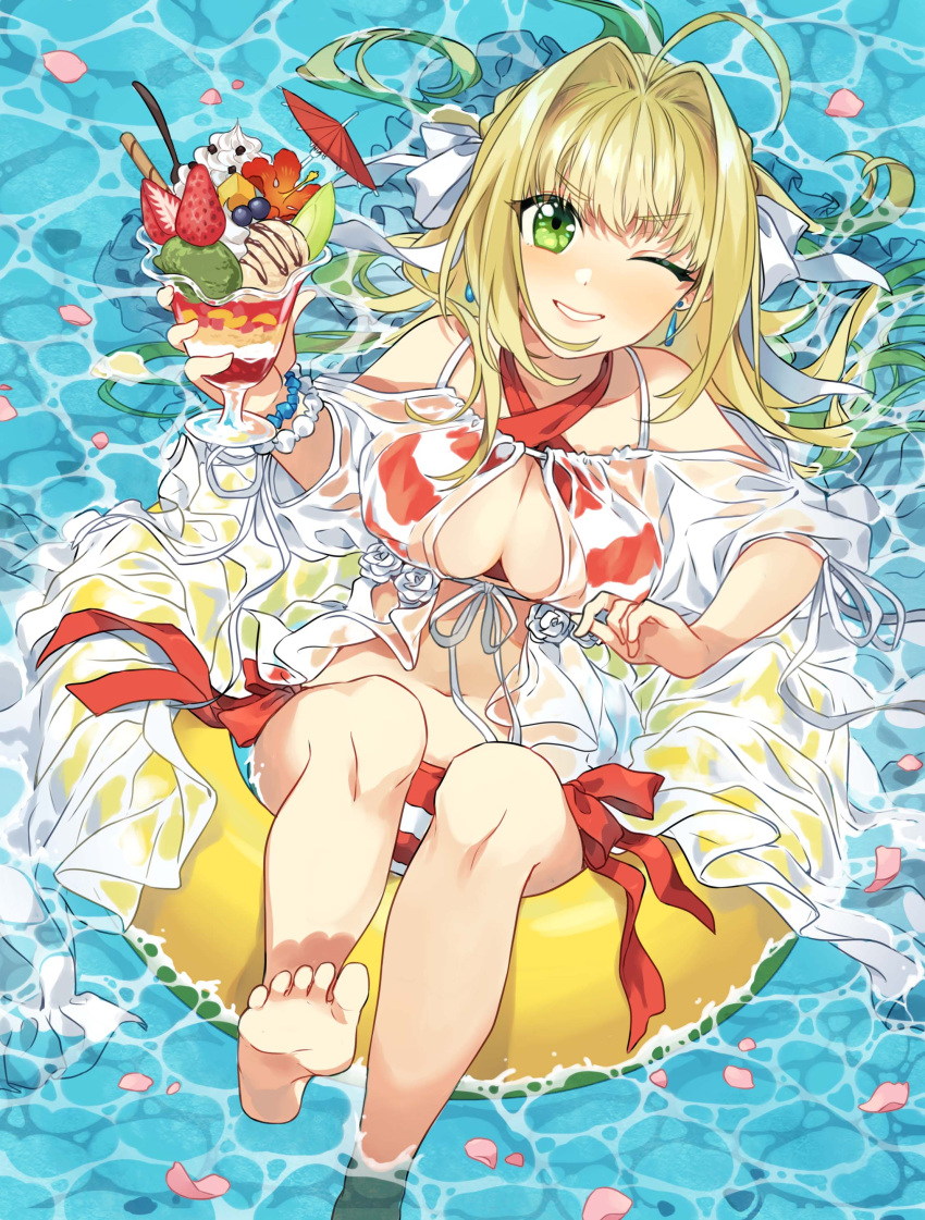 1girl absurdres ahoge bare_shoulders bikini blonde_hair blush breasts cleavage collarbone commentary_request criss-cross_halter cup dot_nose earrings eyebrows_visible_through_hair fate/extra fate/grand_order fate_(series) food foot_out_of_frame fruit green_eyes hair_intakes halterneck highres holding holding_cup ice_cream in_water innertube jewelry large_breasts long_hair looking_at_viewer navel nero_claudius_(fate)_(all) nero_claudius_(swimsuit_caster)_(fate) o0baijin0o one_eye_closed saber_extra shirt side-tie_bikini smile solo strawberry striped striped_bikini swimsuit twintails water white_shirt