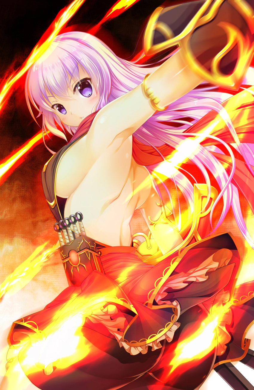 1girl armlet backless_dress backless_outfit bangs breasts closed_mouth dress eyebrows_visible_through_hair gauntlets highres knife large_breasts long_hair looking_at_viewer motion_blur original profile purple_hair rankiryuu red_scarf scarf sideboob solo standing sword throwing_knife violet_eyes weapon