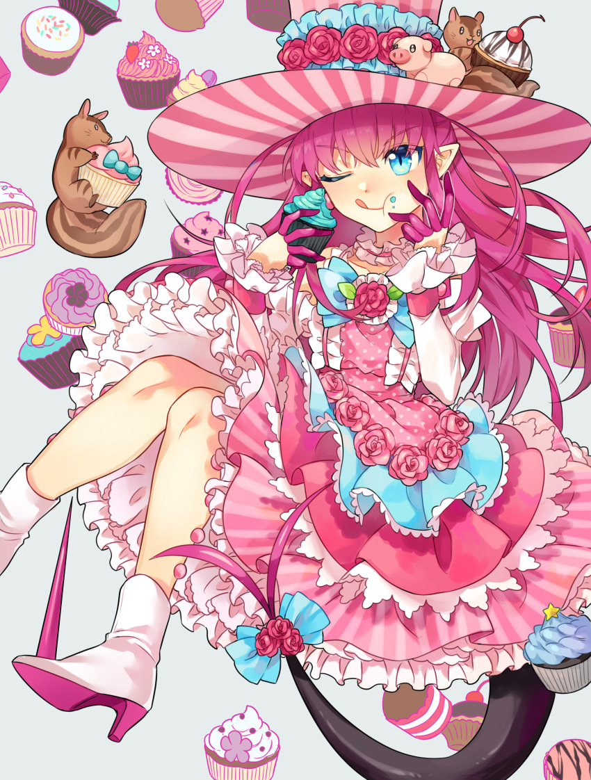 1girl absurdres alternate_costume blue_eyes blush boots bow commentary_request cupcake detached_sleeves dragon_tail dress elizabeth_bathory_(fate) elizabeth_bathory_(fate)_(all) eyebrows_visible_through_hair fate/grand_order fate_(series) flower food hat highres horns long_hair looking_at_viewer o0baijin0o one_eye_closed pink_flower pink_hair pink_headwear pointy_ears rose slit_pupils smile solo stuffed_animal stuffed_toy sweets tail tongue tongue_out white_footwear