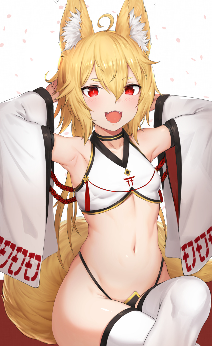 1girl :d ahoge animal_ear_fluff animal_ears armpits arms_behind_head arms_up bangs bare_shoulders black_choker black_panties blonde_hair blush breasts choker collarbone commentary_request crop_top detached_sleeves fangs fox_ears fox_girl fox_tail hair_between_eyes highleg highleg_panties highres legs_crossed long_hair long_sleeves looking_at_viewer mathew_(srmmk_mce) navel open_mouth original panties petals red_eyes simple_background sitting small_breasts smile solo stomach tail thick_eyebrows thigh-highs thighs underwear white_background white_legwear wide_sleeves