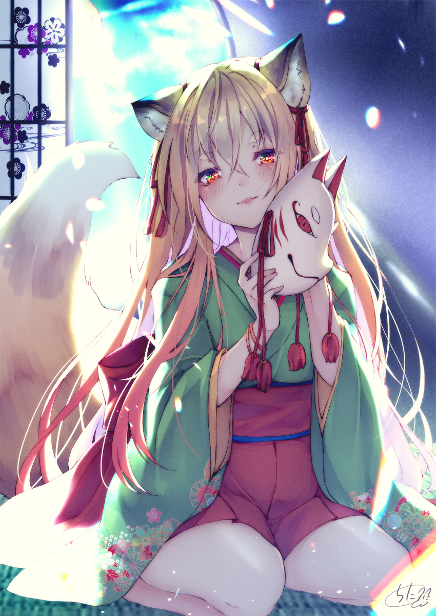 1girl animal_ear_fluff animal_ears bangs blurry blurry_background blush brown_hair chita_(ketchup) commentary_request depth_of_field eyebrows_visible_through_hair floral_print fox_ears fox_girl fox_mask green_kimono hair_between_eyes hair_ribbon head_tilt highres holding holding_mask japanese_clothes kimono long_hair long_sleeves looking_at_viewer mask mask_removed original parted_lips pleated_skirt print_kimono red_eyes red_ribbon red_skirt ribbon seiza short_eyebrows signature sitting skirt solo tail_raised thick_eyebrows very_long_hair wide_sleeves