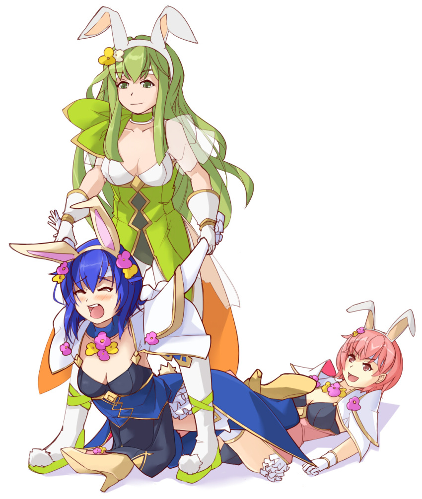 3girls animal_ears blue_eyes blue_hair blush bow bowtie breasts bunny_girl bunny_tail bunnysuit detached_collar dress elbow_gloves est fake_animal_ears fingerless_gloves fire_emblem fire_emblem:_mystery_of_the_emblem fire_emblem_heroes fishnet_pantyhose fishnets gloves green_eyes green_hair headband highres jaegan jewelry katua leotard long_hair multiple_girls nintendo open_mouth pantyhose paola pegasus_knight pink_hair rabbit_ears red_eyes short_hair siblings simple_background sisters smile strapless tail thigh-highs white_background wrestling wrist_cuffs