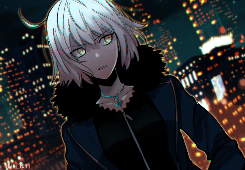 1girl black_jacket building collarbone dutch_angle eyebrows_visible_through_hair fate/grand_order fate_(series) jacket jeanne_d'arc_(alter)_(fate) jeanne_d'arc_(fate)_(all) jewelry long_sleeves looking_to_the_side meiji_ken necklace night open_clothes open_jacket outdoors short_hair silver_hair solo twitter_username upper_body yellow_eyes zipper