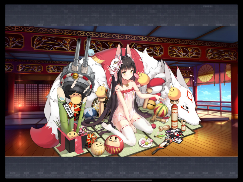 1girl alternate_costume animal_ears azur_lane babydoll bangs bare_shoulders black_hair blunt_bangs blush boqboq breasts brown_eyes character_name dango expressions eyebrows_visible_through_hair food fox_ears full_body hair_ornament highres jewelry kokeshi long_hair looking_at_viewer mask mask_on_head nagato_(azur_lane) necklace off_shoulder official_art open_mouth see-through sitting smile solo tatami thigh-highs very_long_hair wagashi wariza watermark white_legwear