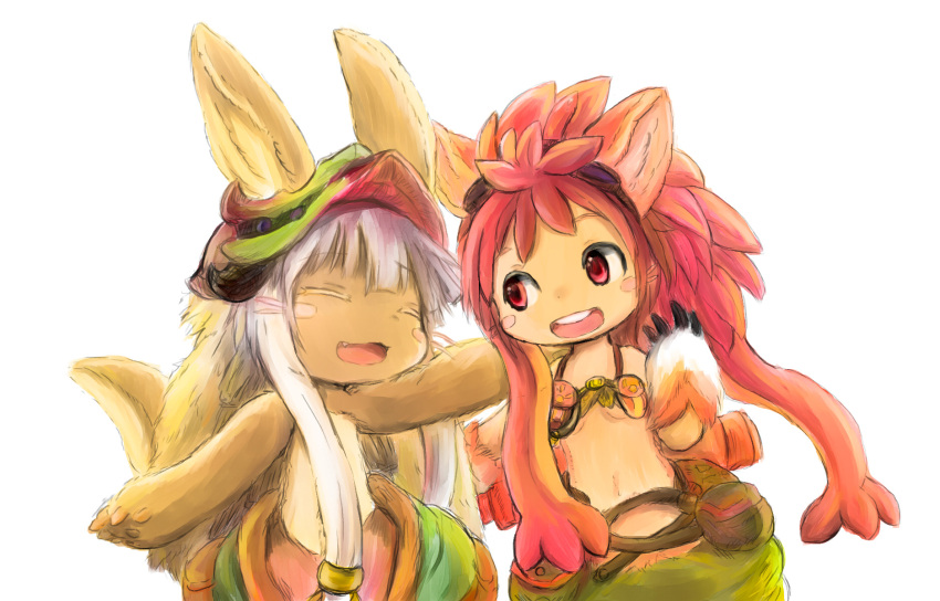 1girl 1other :d ^_^ animal_ears bangs blush blush_stickers claws closed_eyes closed_eyes ears_through_headwear fang furry goggles goggles_on_head hat highres long_hair looking_at_another made_in_abyss midriff mitty_(made_in_abyss)_(furry) nanachi_(made_in_abyss) navel open_mouth paws pumichi red_eyes redhead simple_background smile tail upper_teeth whiskers white_background white_hair