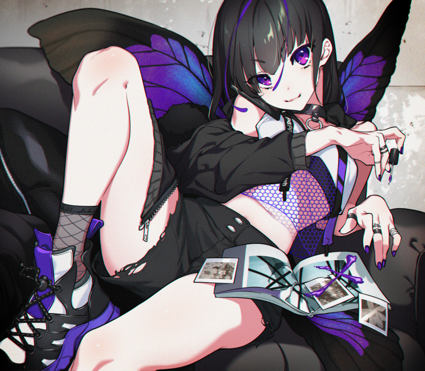 1girl black_hair butterfly_wings cellphone collar couch cushion eyebrows_visible_through_hair fishnets hair_between_eyes highres jacket jewelry long_hair looking_at_viewer lying midriff nail_polish on_back original phone photo_(object) purple_hair purple_nails ring shoes short_hair shorts smartphone smile sneakers socks torn_clothes torn_shorts violet_eyes westxost_(68monkey) wings