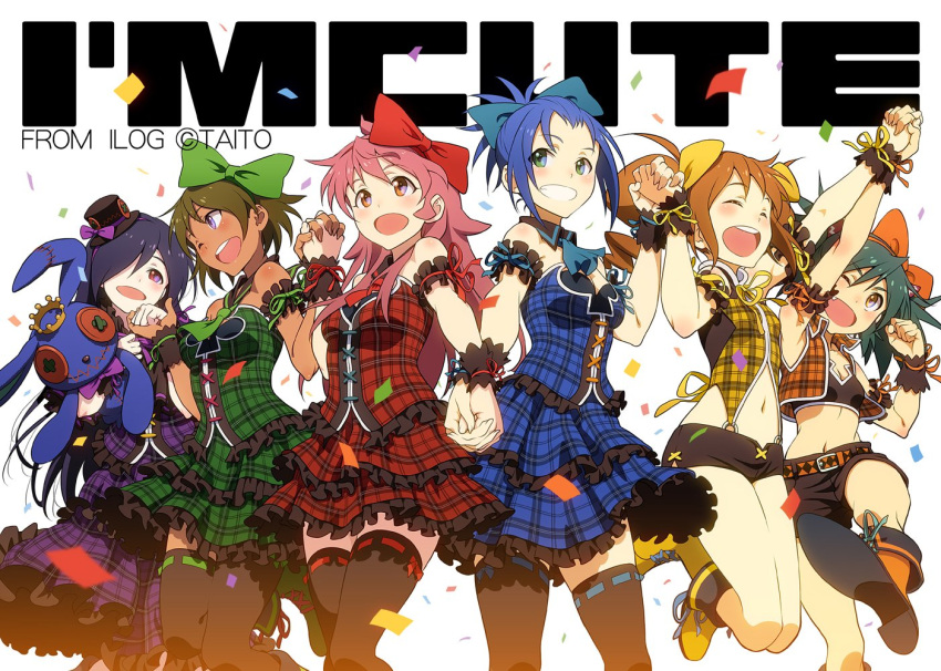 6+girls :d armband ascot bangs bikini black_hair black_headwear black_legwear black_shirt black_shorts blue_bikini blue_hair blue_neckwear blue_sky blurry blurry_foreground boots bow bowtie brown_hair chiba_otoha closed_eyes club_(shape) commentary_request confetti copyright_name crop_top dark_skin depth_of_field detached_collar dress english_text eshima_nozomi eyebrows_visible_through_hair fang frilled_dress frills green_bow green_eyes green_neckwear grin hair_bow hair_over_one_eye hair_pulled_back hand_holding hat hat_bow heart_cutout holding holding_stuffed_animal idol ilog interlocked_fingers isohara_nami jacket jumping katsumi_misaki layered_dress leg_up long_hair medium_dress mini_hat mini_top_hat multiple_girls navel neck_ribbon o-ring one_eye_closed open_mouth orange_belt orange_bow orange_eyes orange_footwear orange_hair orange_jacket pairan pink_hair plaid purple_dress purple_neckwear red_bow red_eyes red_neckwear ribbon ribbon-trimmed_legwear ribbon_trim shirt short_dress short_shorts short_twintails shorts side-by-side sky sleeveless sleeveless_jacket sleeveless_shirt smile spade_(shape) standing standing_on_one_leg strapless strapless_dress stuffed_animal stuffed_bunny stuffed_toy swept_bangs swimsuit thigh-highs top_hat tsukihoshi_kirara twintails uehara_hinata violet_eyes white_background wristband yellow_bow yellow_footwear yellow_neckwear yellow_shirt