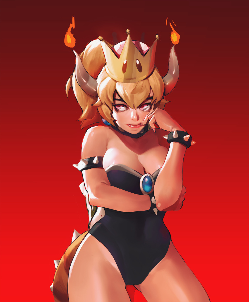 1girl absurdres bangs bare_legs bare_shoulders black_collar black_leotard blonde_hair blue_earrings blue_eyes bowsette bracelet breasts cleavage collar commentary cowboy_shot english_commentary eyeliner fang fingernails fire gem highres horns jewelry large_breasts leotard lips makeup super_mario_bros. medium_hair new_super_mario_bros._u_deluxe nintendo pointy_ears ponytail red_background sanefox sharp_fingernails solo spiked_armlet spiked_bracelet spiked_shell spiked_tail spikes strapless strapless_leotard studded_collar super_crown tail thighs turtle_shell