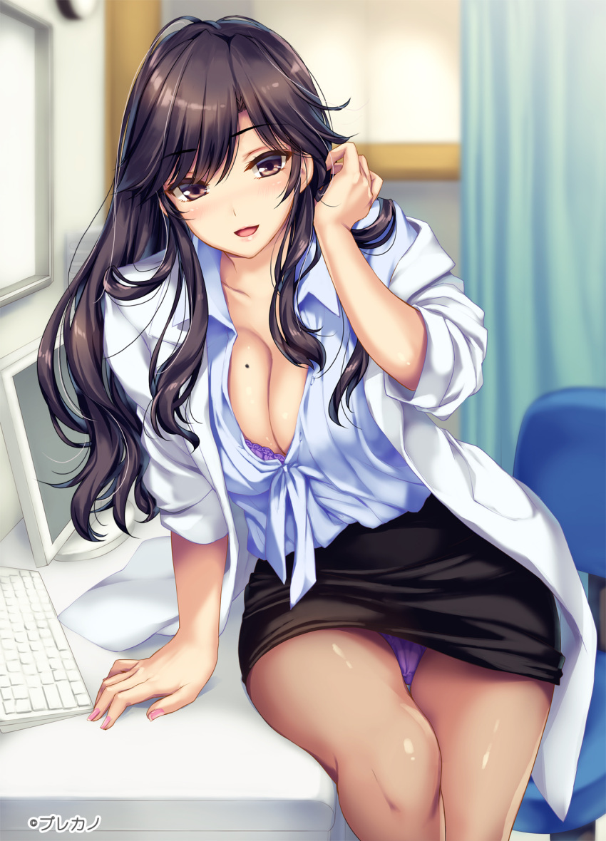 1girl :d amagi_ryou arm_support bangs black_hair black_skirt blue_shirt blurry blurry_background blush boku_to_kanojo_(joi)_no_shinsatsu_nisshi bra bra_peek breasts brown_hair cleavage coat collarbone commentary_request curtains doctor eyebrows_visible_through_hair feet_out_of_frame hair_between_eyes hand_in_hair hand_up highres indoors keyboard_(computer) long_hair looking_at_viewer miniskirt mole mole_on_breast moneti_(daifuku) monitor nail_polish open_clothes open_coat open_mouth panties pantyhose pantyshot pantyshot_(sitting) pencil_skirt pink_nails pocket purple_bra purple_panties shadow shirt short_sleeves sitting skirt smile solo swivel_chair thighs underwear white_coat wing_collar