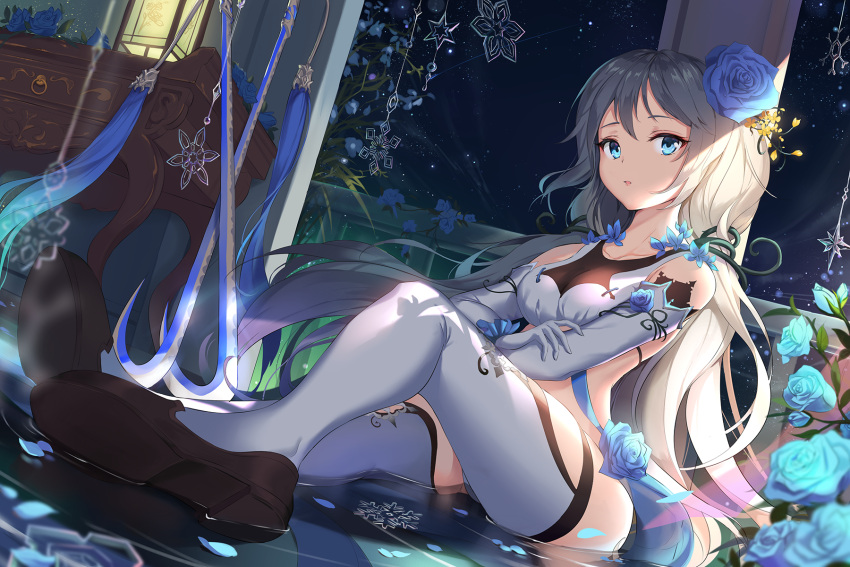 1girl bangs black_footwear blue_eyes blue_flower blue_rose blush breasts collarbone crossed_arms dress elbow_gloves flower gloves hair_between_eyes hair_flower hair_ornament highres houchi_shoujo loafers long_hair looking_at_viewer low_twintails medium_breasts night open_mouth pdxen rose shoes sidelocks sitting sky snowflakes solo star_(sky) starry_sky thigh-highs twintails very_long_hair white_gloves white_hair white_legwear wind_chime yue_jin_(houchi_shoujo)