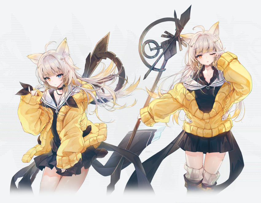 absurdres ahoge animal_ears arknights baggy_clothes black_shirt black_skirt blonde_hair boots breasts cardigan cat_ears floaitng_hair gradient_hair hair_ornament hairclip heterochromia highres holding holding_weapon huge_filesize knee_boots long_hair multicolored_hair multiple_views off_shoulder one_eye_closed original pleated_skirt shirt skirt sleeves_past_wrists small_breasts snow_is sweater thigh-highs twitter_username weapon white_hair wind yellow_sweater
