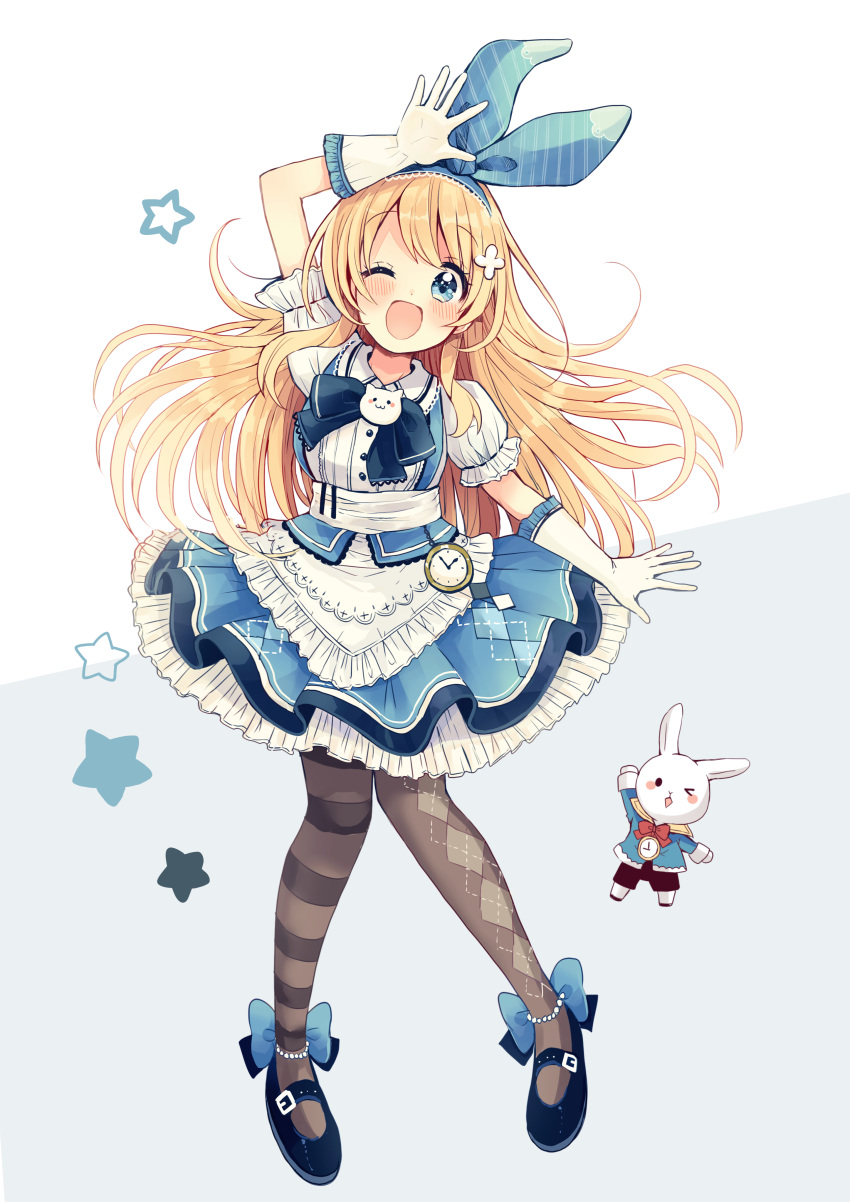 &gt;_o 1girl ;d absurdres alice_(wonderland) alice_in_wonderland animal argyle argyle_legwear arm_up black_footwear black_shorts blonde_hair blue_bow blue_eyes blue_jacket blue_ribbon blue_skirt blush bow brown_legwear center_frills clothed_animal frilled_gloves frilled_skirt frills full_body gloves hair_ribbon head_tilt highres jacket long_hair looking_at_viewer mary_janes mismatched_legwear one_eye_closed open_mouth pantyhose pleated_skirt puffy_short_sleeves puffy_sleeves red_bow ribbon sakura_oriko shirt shoes short_sleeves shorts skirt smile star striped striped_legwear very_long_hair white_gloves white_rabbit white_shirt