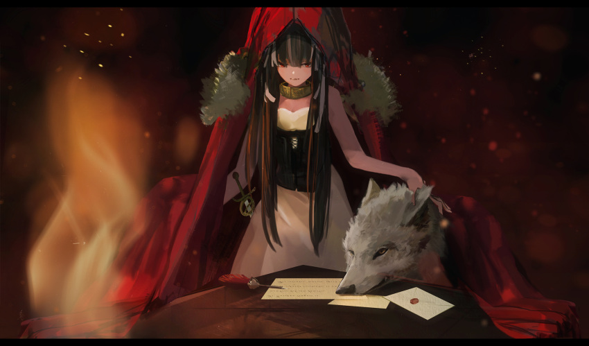 1girl black_hair breasts cloak dark_background dress envelope fire highres leslie_the_moon_queen letter long_hair multicolored_hair pixiv_fantasia pixiv_fantasia_last_saga red_cloak red_eyes small_breasts solo sword table two-tone_hair very_long_hair weapon white_dress white_hair wolf